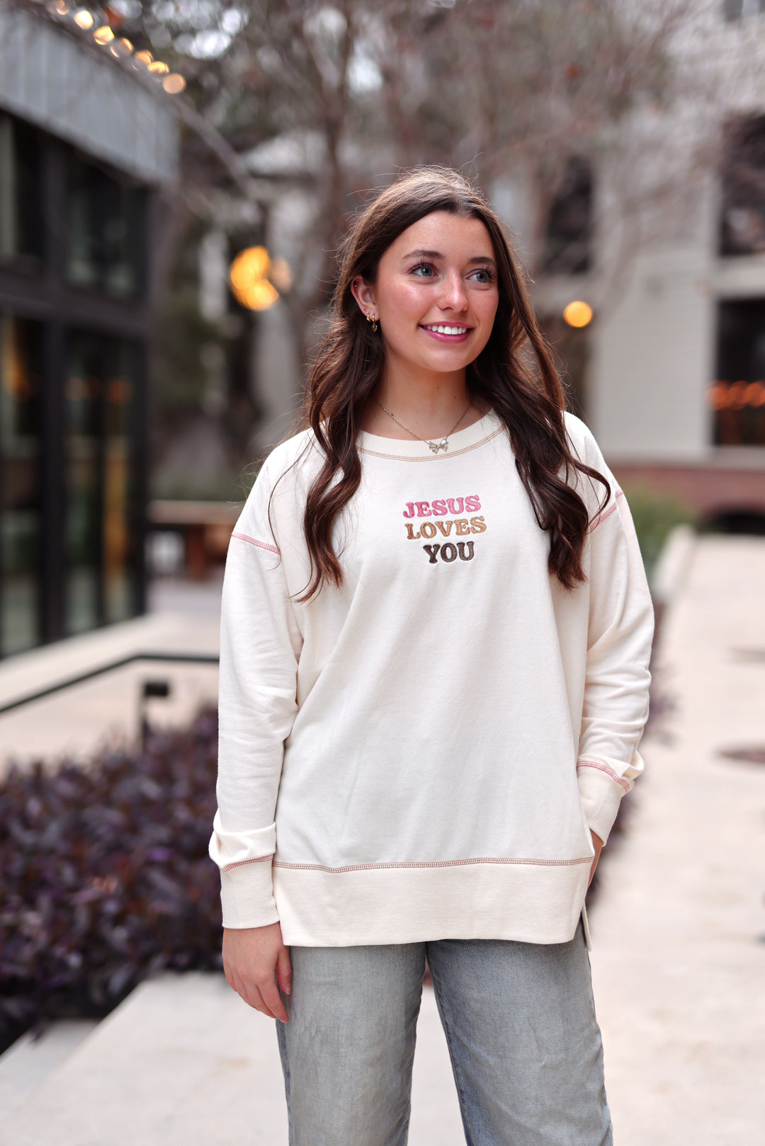 Jesus Loves You (Cream) - Light Weight Accent Stitch Sweatshirt / Crew