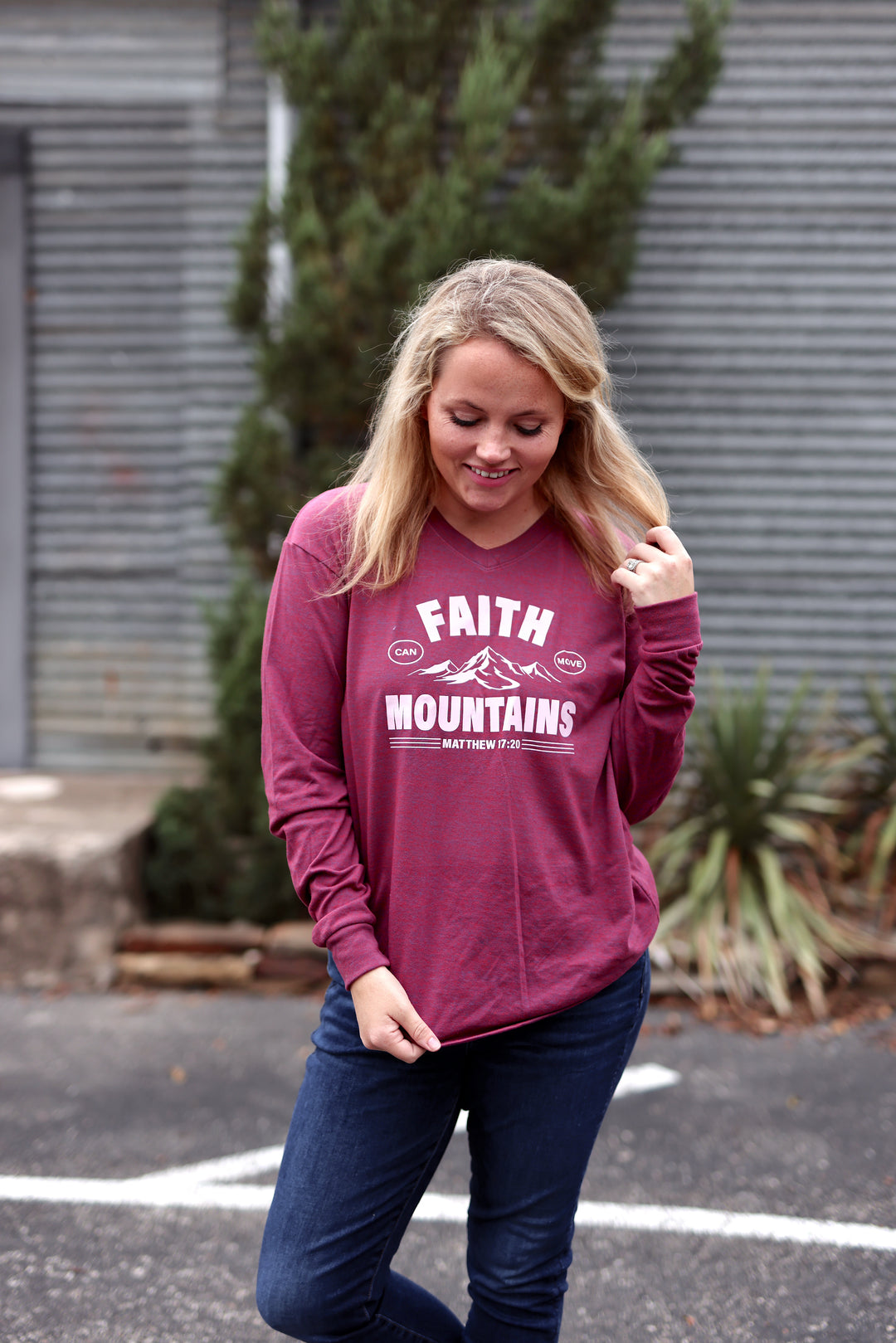 Faith Can Move Mountains (Heather Wine) - Long Sleeve/V-Neck