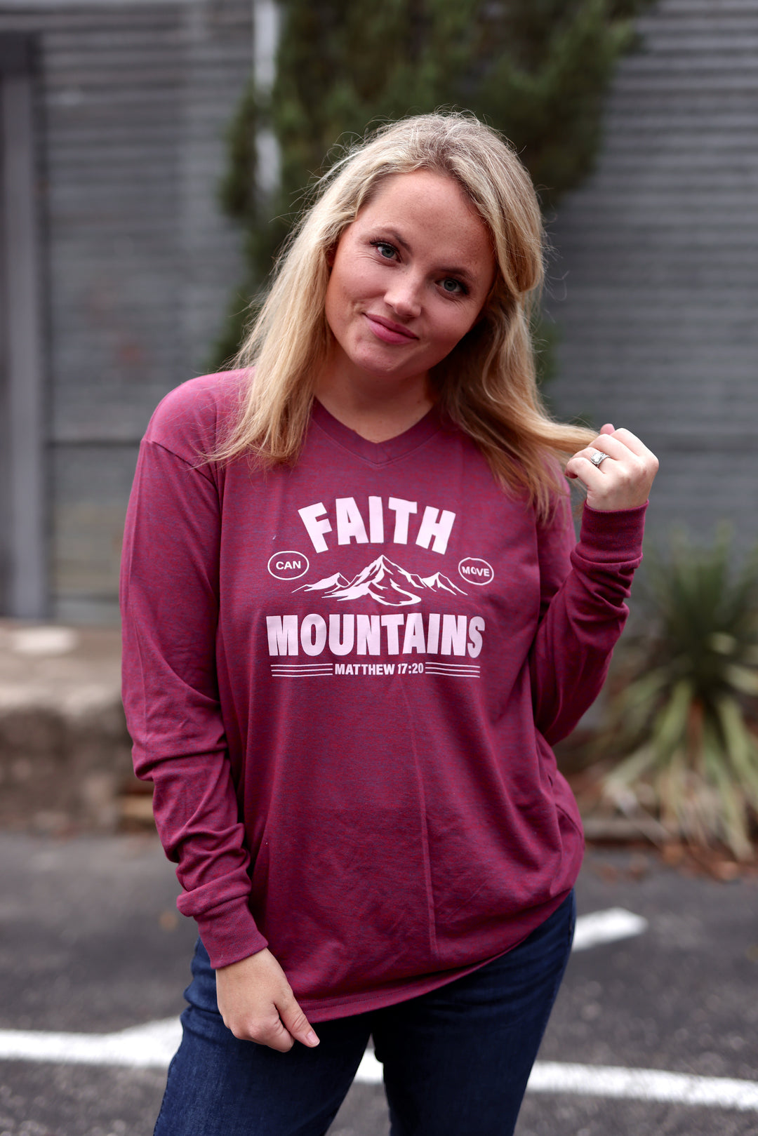 Faith Can Move Mountains (Heather Wine) - Long Sleeve/V-Neck