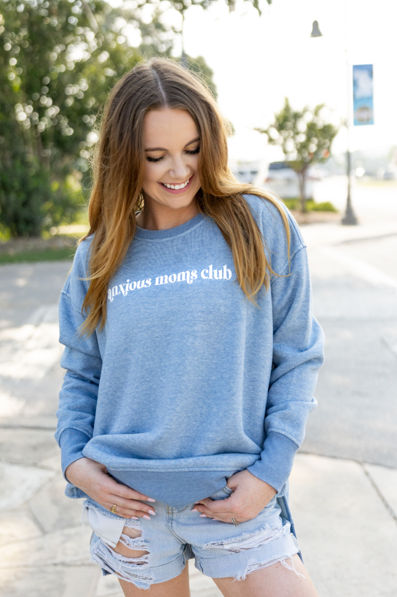 Anxious Mom s Club Blue Jean Puff Print Burnout Sweatshirt Crew