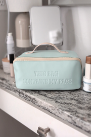 Cosmetic Bag - This Bag Contains My Face - Embossed Hold All Makeup Bag (Blue / Cream)