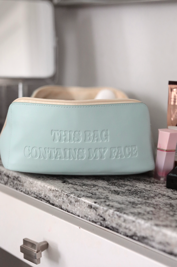 Cosmetic Bag - This Bag Contains My Face - Embossed Hold All Makeup Bag (Blue / Cream)