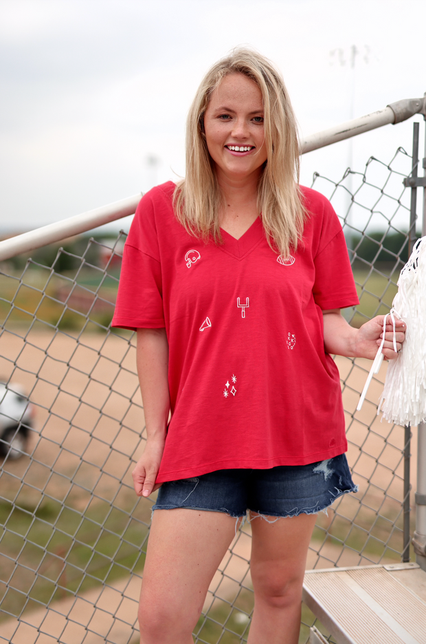 Boyfriend V-Neck - Traditional FOOTBALL Element - Short Sleeve (RED)