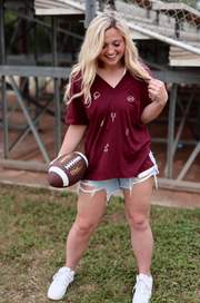 Boyfriend V-Neck - Traditional FOOTBALL Elements- Short Sleeve (MAROON)