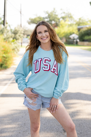 USA Embroidery Corded Sweatshirt (Light Blue) - Long Sleeve / Crew Neck