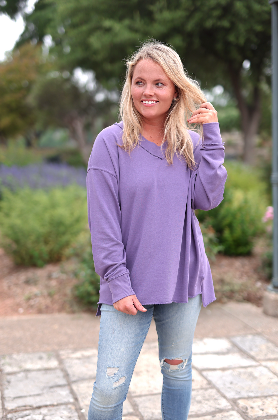 Oversized V-Neck Pullover - Long Sleeve (DEEP PLUM)