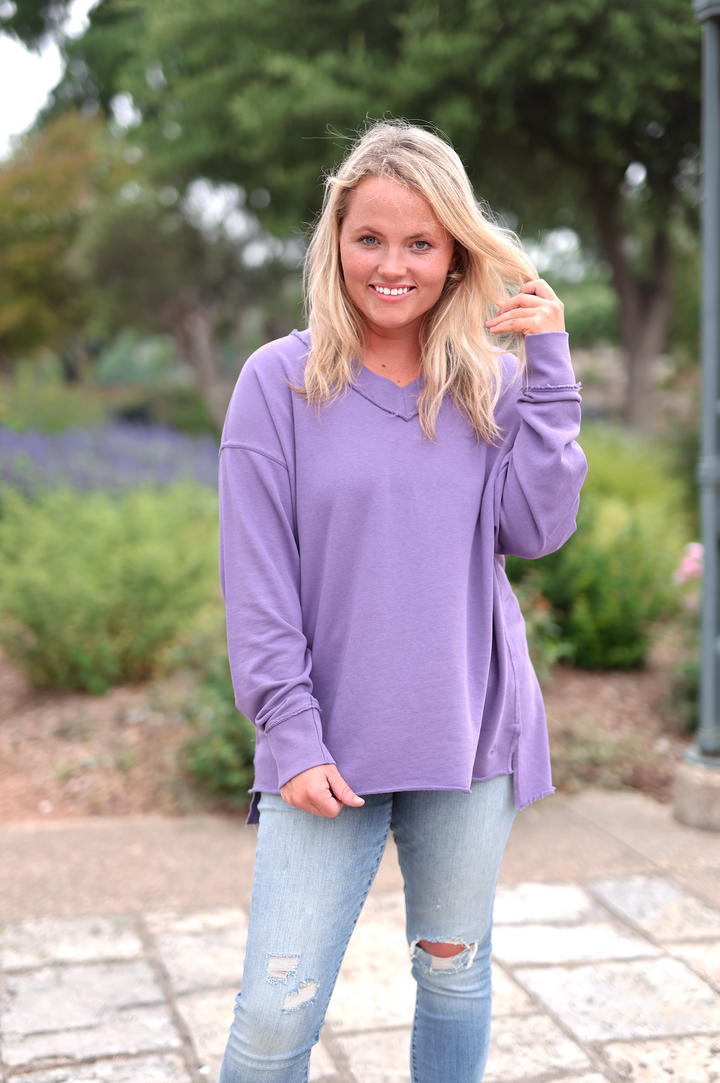 Oversized V-Neck Pullover - Long Sleeve (DEEP PLUM)