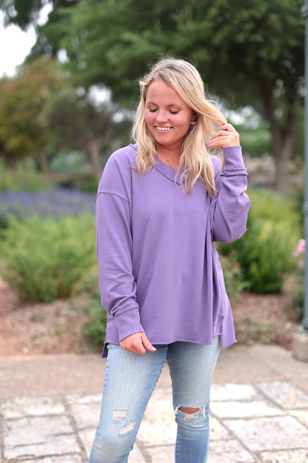 Oversized V-Neck Pullover - Long Sleeve (DEEP PLUM)