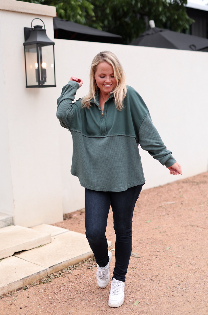 Ready Or Not Waffle Quarter Zip Pullover - (Emerald)