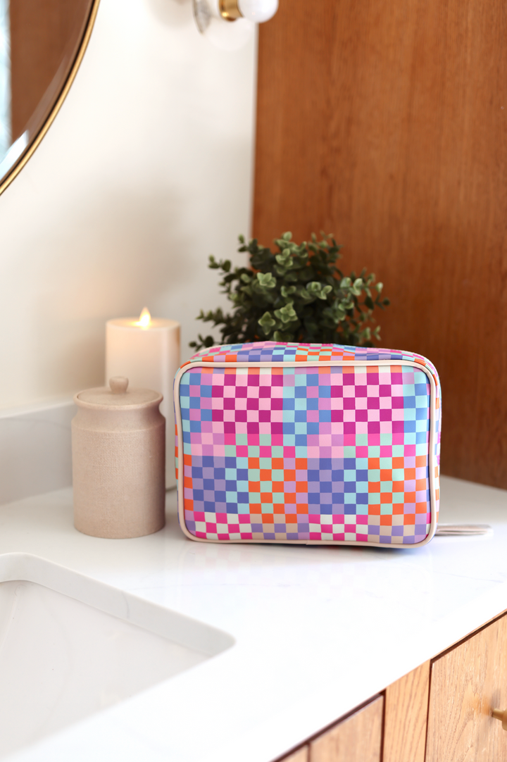 CUSTOM Oversized Cosmetic Bag - (Happy Checkered)