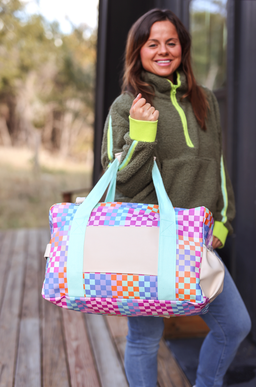 Custom Duffle Bag - Happy Checkered (Cream/Mint/Multi Colored Checker)