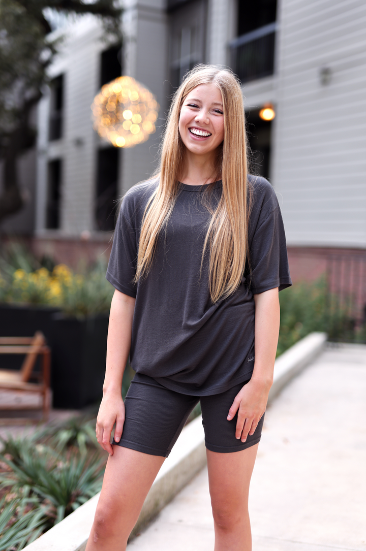 24/7 Oversize Rib Set (Charcoal) - Top + Biker Shorts