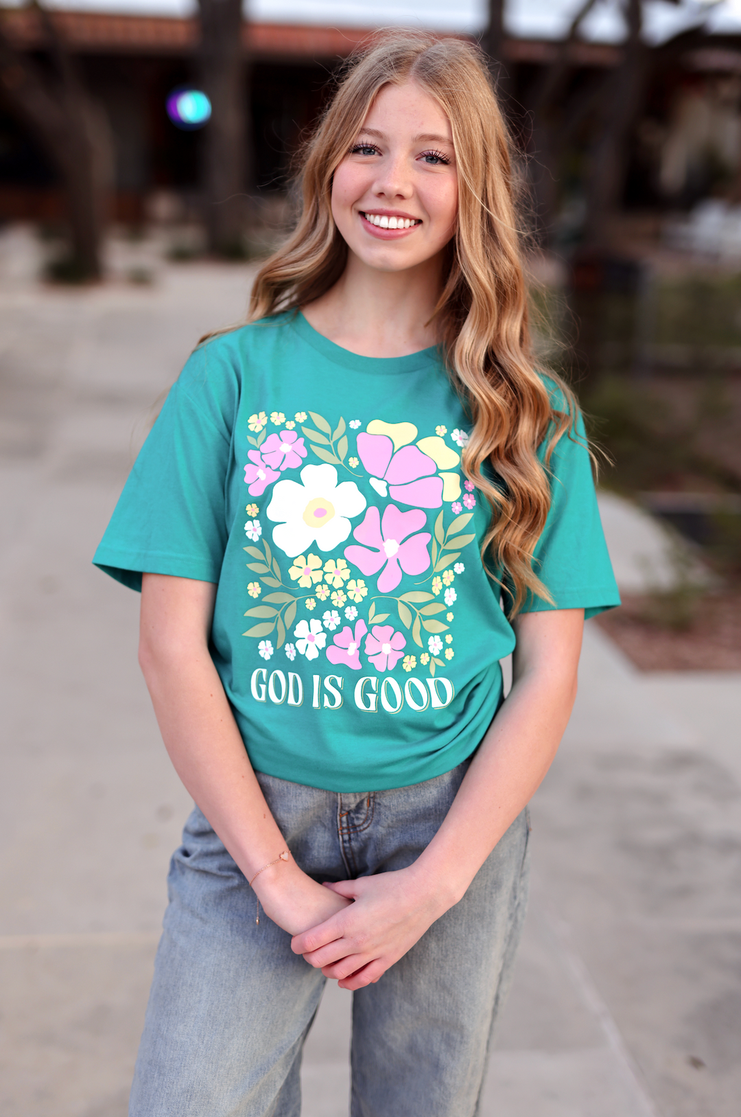 K&C - God Is Good Floral (Jade) - Short Sleeve/Crew