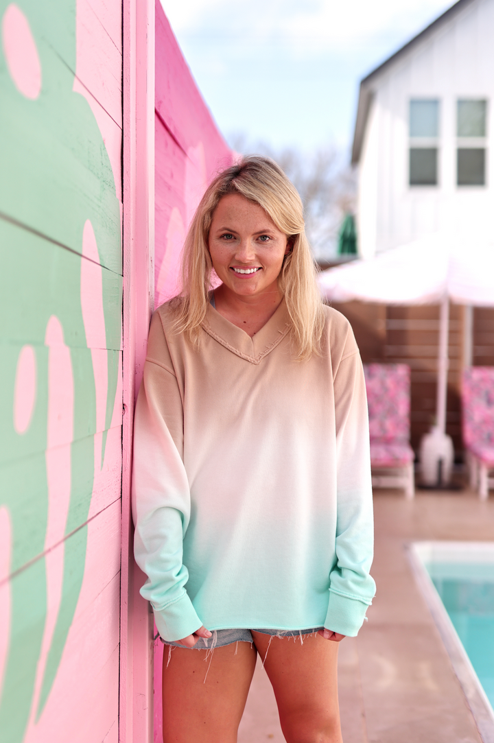 Terry V-Neck Pullover - (Mint/White/Latte Gradient)