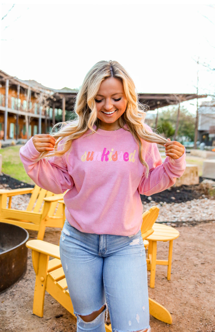 Sunkissed Embroidery (Pink) - Corded Rib Sweatshirt / Crew