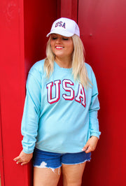 USA Embroidery Corded Sweatshirt (Light Blue) - Long Sleeve / Crew Neck