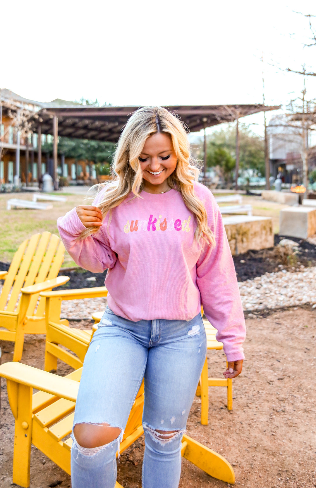 Sunkissed Embroidery (Pink) - Corded Rib Sweatshirt / Crew