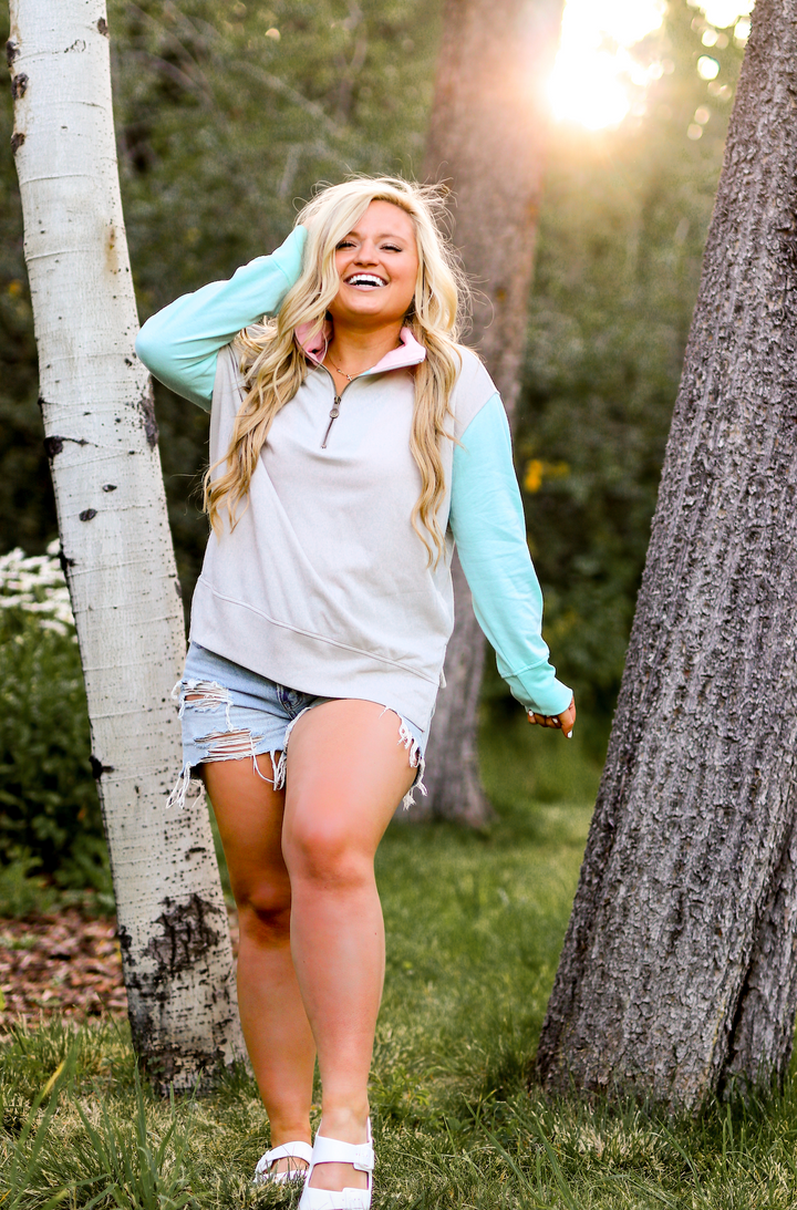 Moxie Pullover (Mint/Pink) - Long Sleeve 1/4 Zip